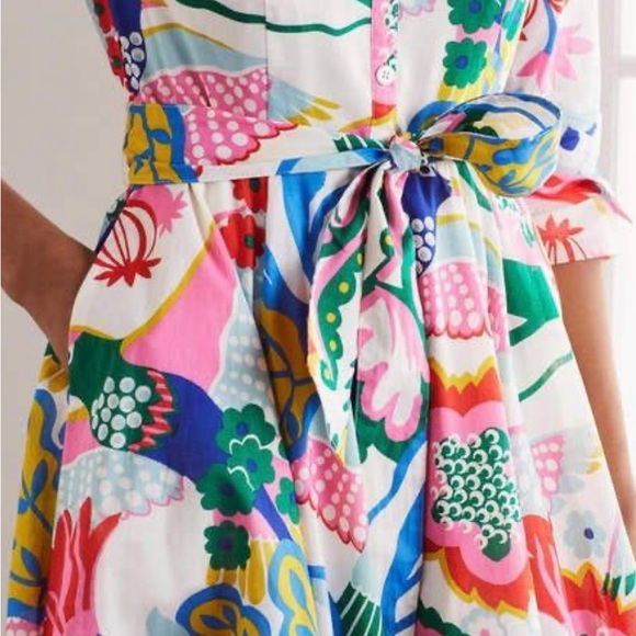 Boden Whimsical Colorful Floral Bird Print Tie Waist Shirt Midi Dress - Picture 4 of 11